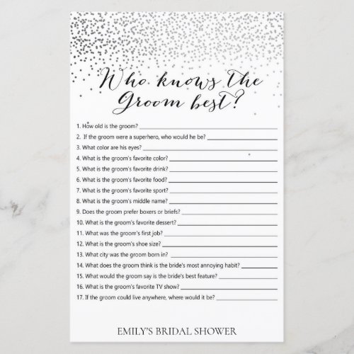 Silver Confetti Bridal Shower Game PRINTED