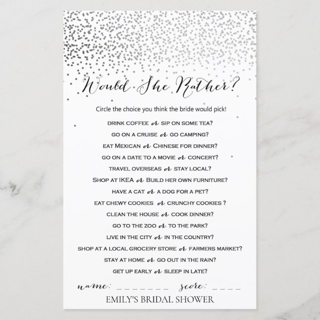 Silver Confetti Bridal Shower Game PRINTED (Front)