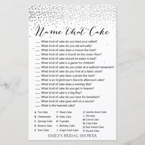 Silver Confetti Bridal Shower Game PRINTED