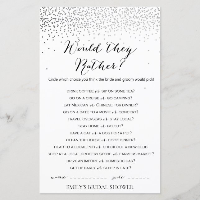 Silver Confetti Bridal Shower Game PRINTED (Front)