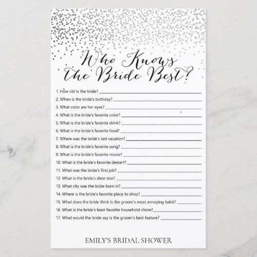 Silver Confetti Bridal Shower Game PRINTED