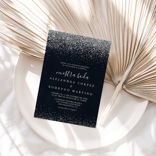 Silver Confetti Calligraphy Nuestra Boda Wedding   Invitation