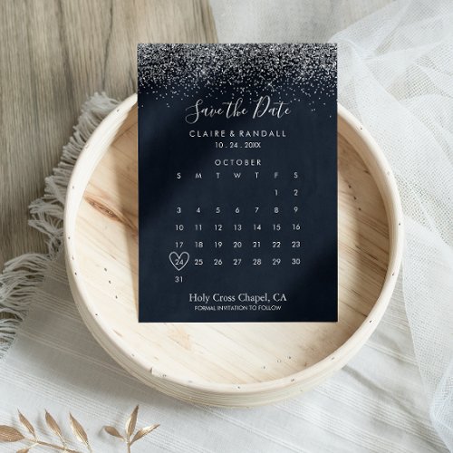 Silver Confetti Calligraphy Save the Date Calendar