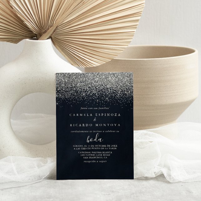 Silver Confetti Calligraphy Spanish Wedding  Invitation (Creator Uploaded)