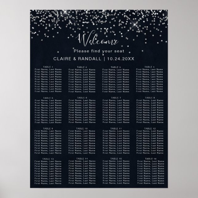 Silver Confetti Calligraphy Wedding Seating Chart (Front)