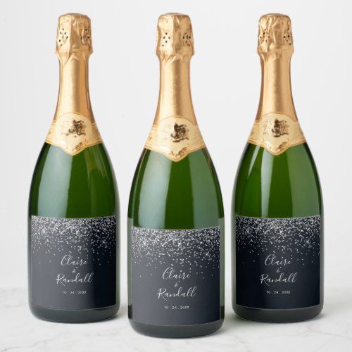 Silver Confetti Calligraphy Wedding   Sparkling Wine Label