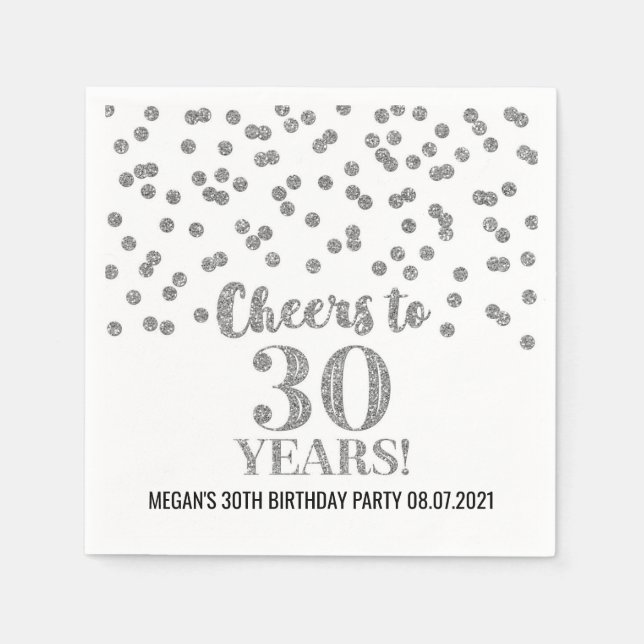 Silver Confetti Cheers to 30 Years Birthday Napkins (Front)