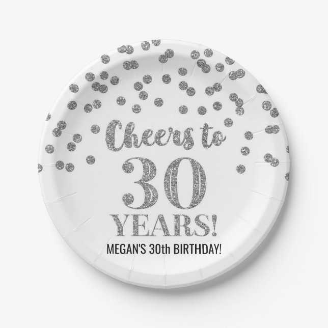Silver Confetti Cheers to 30 Years Birthday Paper Plates (Front)