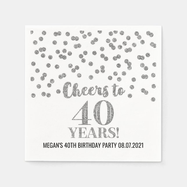 Silver Confetti Cheers to 40 Years Birthday Napkins (Front)