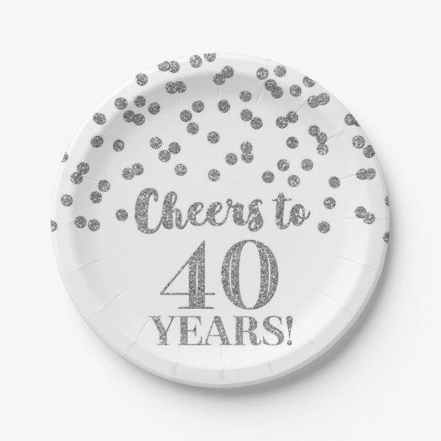 Silver Confetti Cheers to 40 Years Birthday Paper Plates (Front)