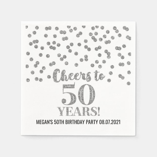 Silver Confetti Cheers to 50 Years Birthday Napkins (Front)