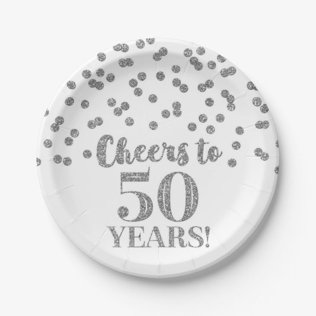 Silver Confetti Cheers to 50 Years Birthday Paper Plates (Front)
