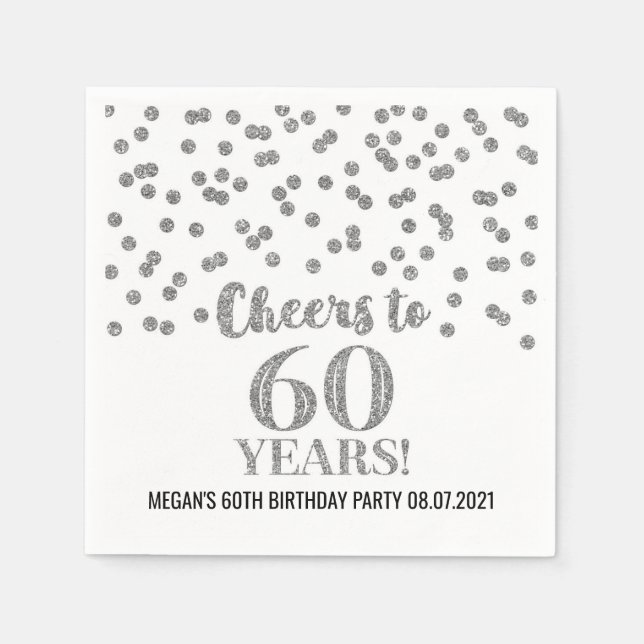 Silver Confetti Cheers to 60 Years Birthday Napkins (Front)