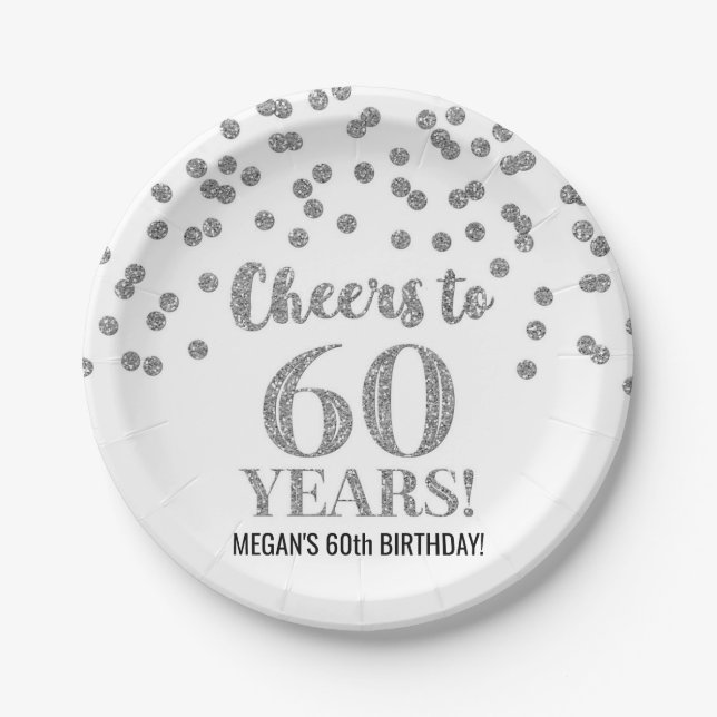 Silver Confetti Cheers to 60 Years Birthday Paper Plates (Front)