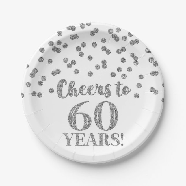 Silver Confetti Cheers to 60 Years Birthday Paper Plates (Front)