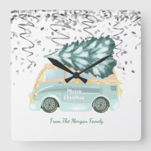 Silver Confetti,Christmas Green Truck Pine Tree Square Wall Clock