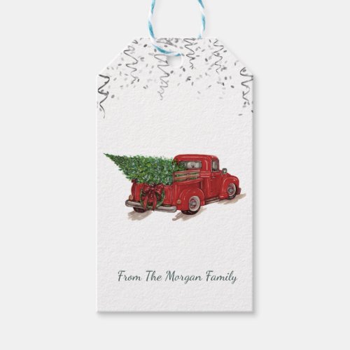 Silver ConfettiChristmas Red Truck Pine Tree Gift Tags
