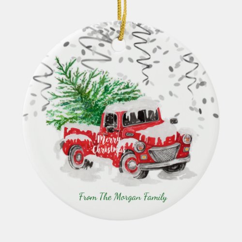 Silver ConfettiChristmas Red Truck Pine Tree Snow Ceramic Ornament