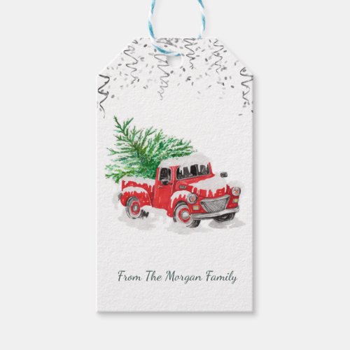 Silver ConfettiChristmas Red Truck Pine Tree Snow Gift Tags