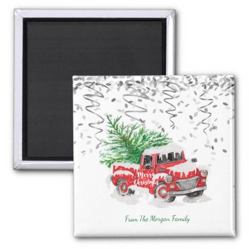 Silver ConfettiChristmas Red Truck Pine Tree Snow Magnet