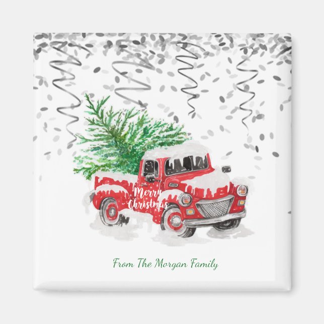 Silver Confetti,Christmas Red Truck Pine Tree Snow Magnet (Front)