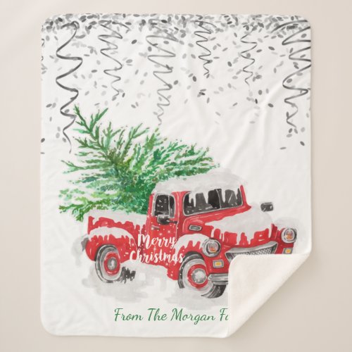 Silver ConfettiChristmas Red Truck Pine Tree Snow Sherpa Blanket