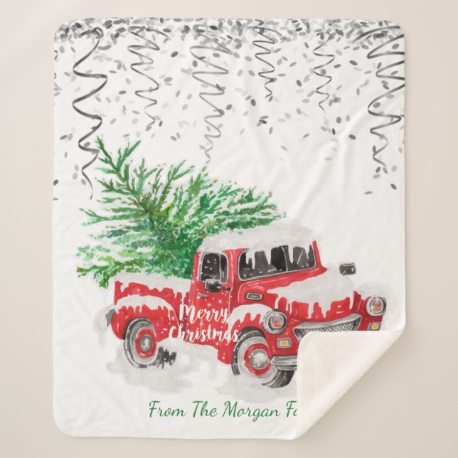 Silver Confetti,Christmas Red Truck Pine Tree Snow Sherpa Blanket (Front)