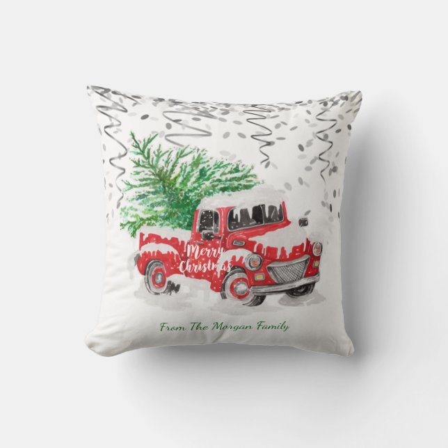 Silver Confetti,Christmas Red Truck Pine Tree Snow Throw Pillow (Front)