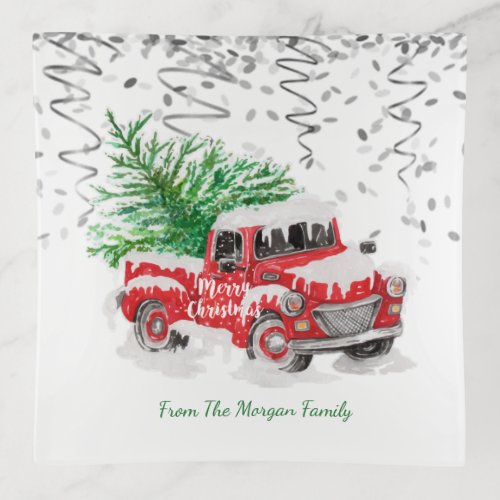 Silver ConfettiChristmas Red Truck Pine Tree Snow Trinket Tray