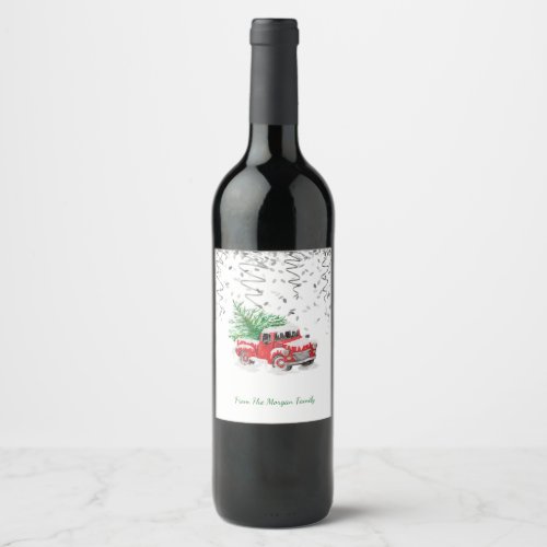 Silver ConfettiChristmas Red Truck Pine Tree Snow Wine Label