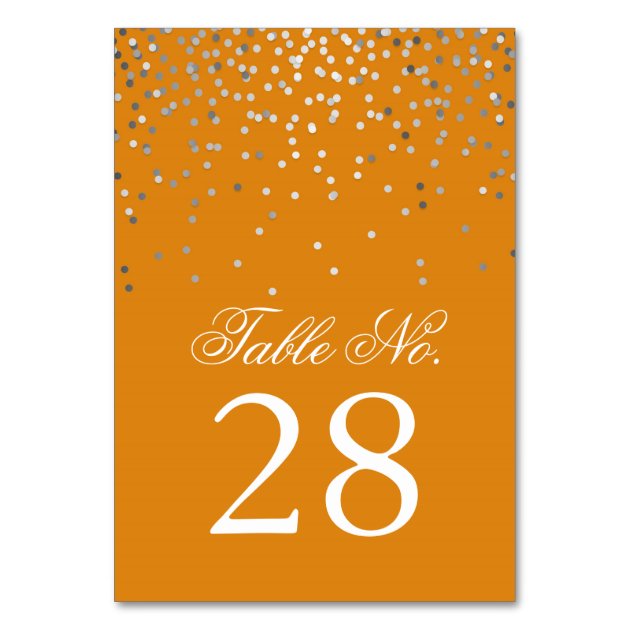 Silver Confetti Dots Orange Wedding Table Number Card