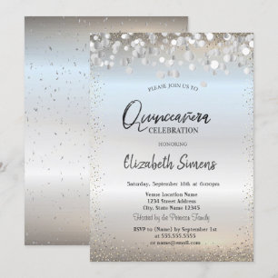 Silver Confetti Dots Princess Silver Quinceañera Invitation