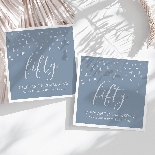 Silver Confetti Dusty Blue 50th Birthday Party Napkins (Creator Uploaded)