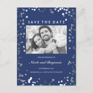 Silver Confetti Elegant Navy Photo Save the Date Announcement Postcard