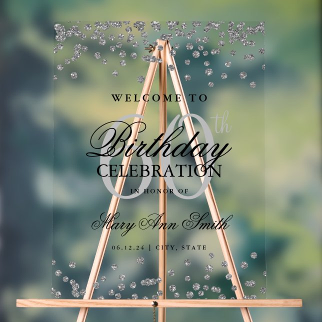 Silver Confetti Glitter 60th Birthday Welcome  Acrylic Sign (Neutral)