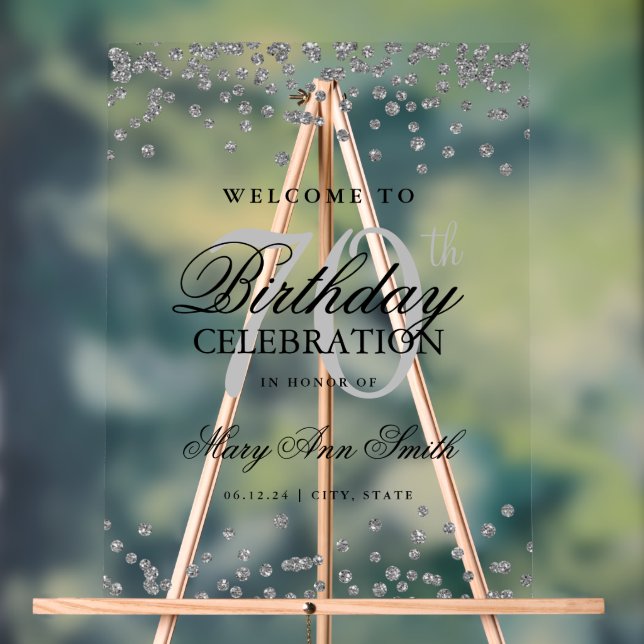 Silver Confetti Glitter 70th Birthday Welcome  Acrylic Sign (Neutral)