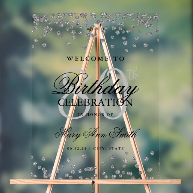 Silver Confetti Glitter 80th Birthday Welcome  Acrylic Sign (Neutral)