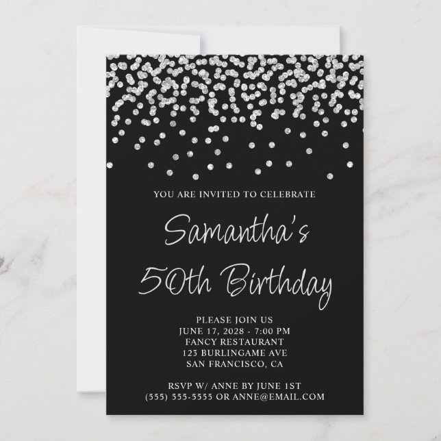 Silver Confetti Glitter Black 50th Birthday Invitation (Front)
