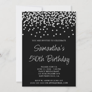 Silver Confetti Glitter Black 50th Birthday Invitation