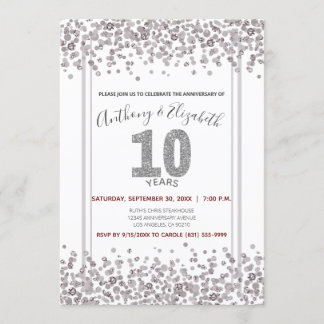 Silver Confetti Glitter-Style 10th Anniversary Invitation