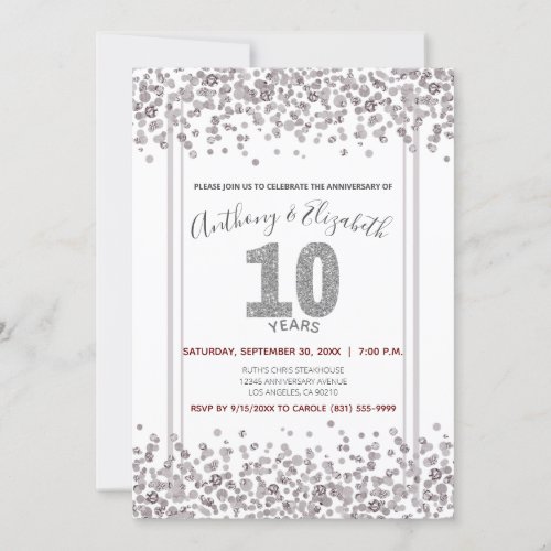 Silver Confetti Glitter_Style 10th Anniversary Invitation