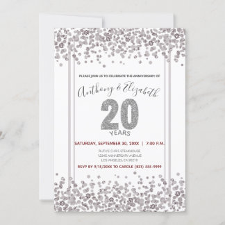 Silver Confetti Glitter-Style 20th Anniversary Invitation