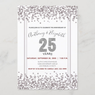 Silver Confetti Glitter-Style 25th Anniversary Invitation