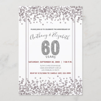 Silver Confetti Glitter-Style 60th Anniversary Invitation