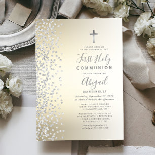 Silver Confetti Gold Ombre First Holy Communion Invitation