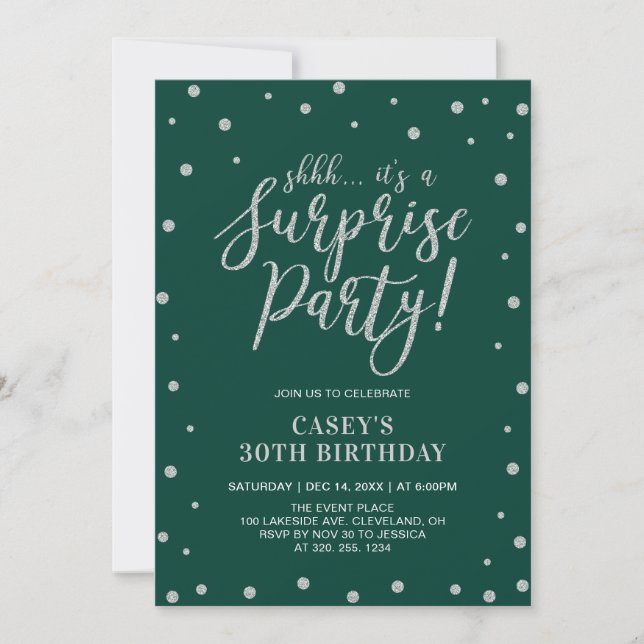 Silver Confetti & Green | Surprise Birthday Party Invitation (Front)
