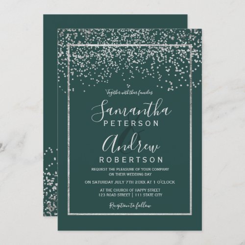 Silver confetti green typography wedding invitation