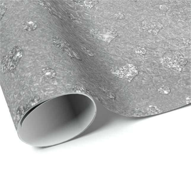 Silver Confetti Hearts Glitter Glam Vip Wrapping Paper (Roll Corner)