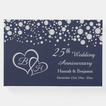 Silver Confetti  Hearts On Blue 25th Anniversary Guest Book by IrinaFraser at Zazzle