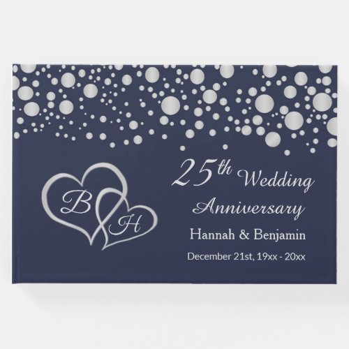 Silver confetti hearts on blue 25th Anniversary Guest Book